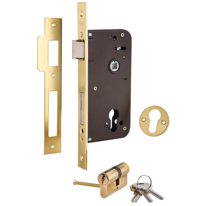 Yale Cerraduras De Embutir Estándar Para Puertas: Entrada 50 mm, Hierro, Latonado Cerradura de embutir de un punto de cierre de caja cerrada, Cilindro monoblock de 60, Palanca y picaporte reversible