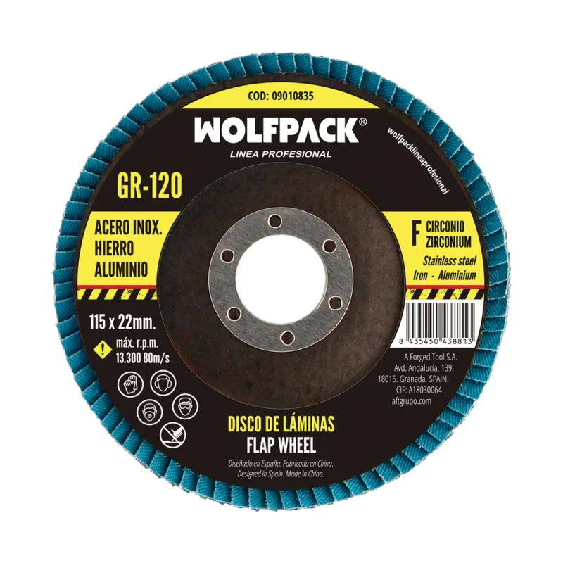WOLFPACK LINEA PROFESIONAL - Disco Laminas Lija Circonio 115x22 mm. Grano 120
