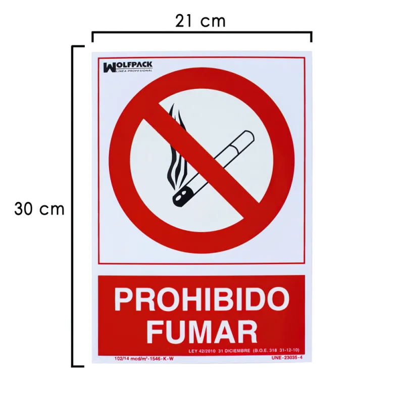 WOLFPACK LINEA PROFESIONAL - Cartel Prohibido Fumar 30x21 cm.