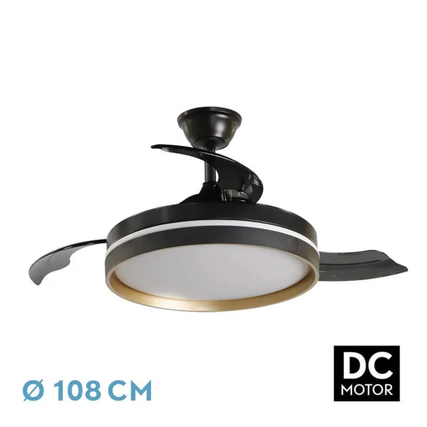 ABRILA- Ventilador DC Mandarin Negro/Oro| Luz Regulable 3000-6000K | 72W | Aspas Desplegables | Mando a Distancia + Temporizador