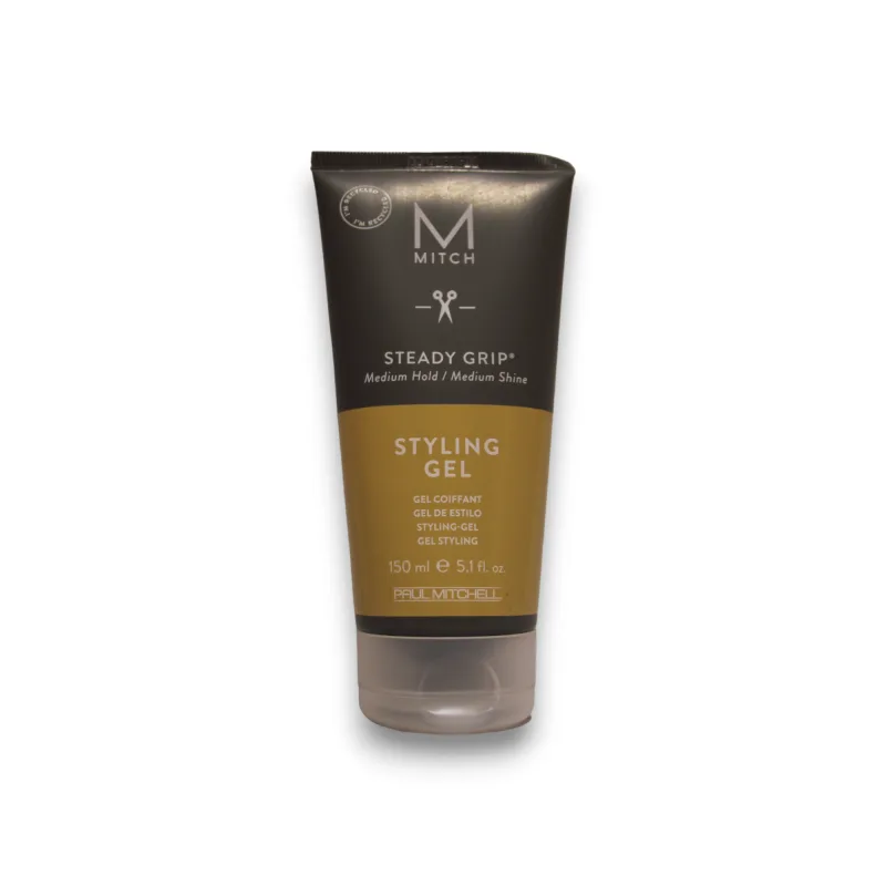 Gel fijador para hombre / Paul Mitchell Mitch Steady Grip / Fijación fuerte y acabado brillante, 150 ml, definición duradera sin residuos ni efecto pegajoso
