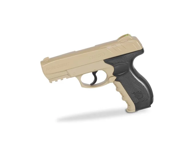 Pistola de aire comprimido CO2 Gamo GP-20 Desert Sand, ideal para tiro recreativo, acción simple y doble, blowback realista, cargador 20 BBs, riel Weaver, beige.