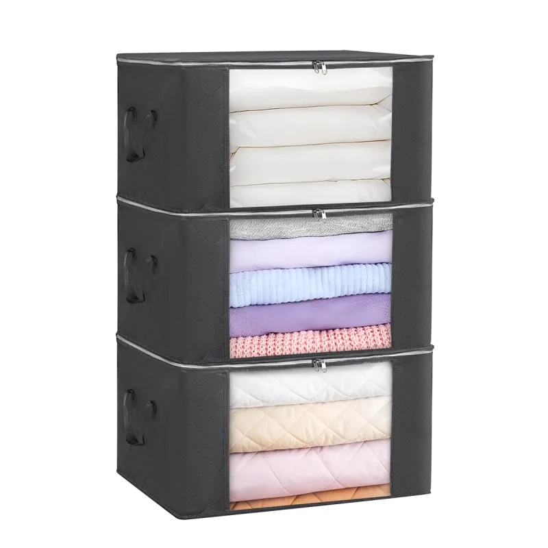 T-LoVendo Pack de Tres Cajas de Almacenamiento Plegables, con Ventana Transparente, Set de 3 Cestas con 2 Asas, Bolsa con Tapa con Cremallera para Ropa, Cofre Organizador de Tela no Tejida,