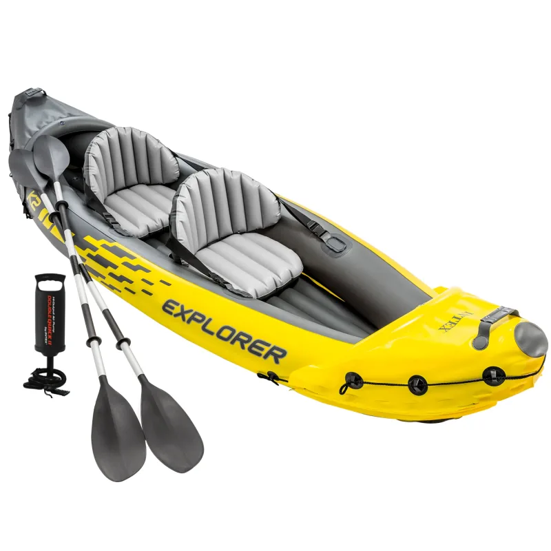 INTEX - Kayak hinchable para 2 personas, máx. 180 kg, con remos e hinchador, asiento, respaldo y suelo hinchables, cuerda de sujeción, asas en los extremos, con bolsa transporte, fácil de almacenar y