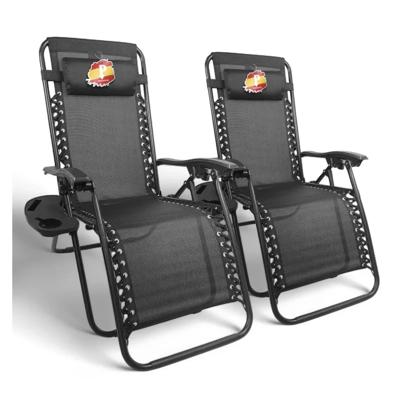 Tumbona Jardin Exterior, Silla Gravedad Cero Reclinable, Pack de 2 Sillones Plegables, Tumbonas Plegables Ergonómicas con Apoyabrazos y Soporte para Bebidas, Silla de Jardín, Playa, Camping o