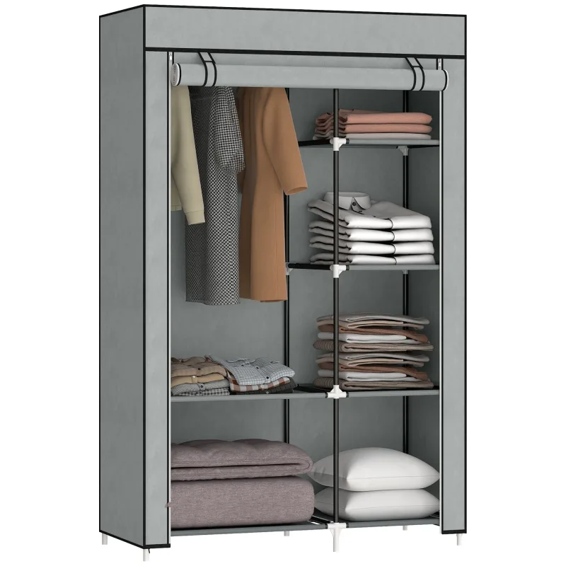 HOMCOM Armario de Tela Plegable con 6 Estantes y 1 Barra 103x43x162,5 cm Gris