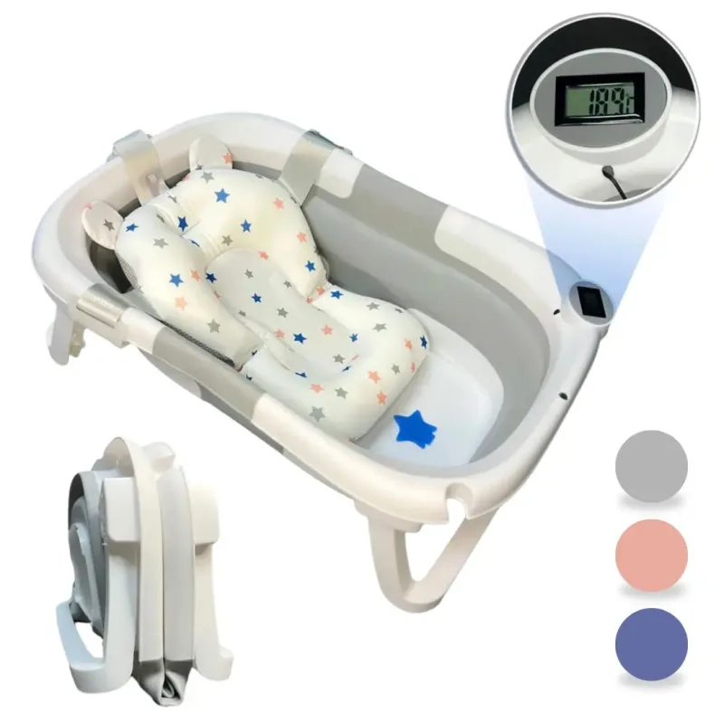 BATHBY Bañera Bebé Plegable Portátil con Termómetro Integrado, Cojín Antideslizante, Apta para Bebé Recién Nacido, Patas Antideslizantes, Tapón de Seguridad, Diseño Ergonómico (Disponible en Gris,