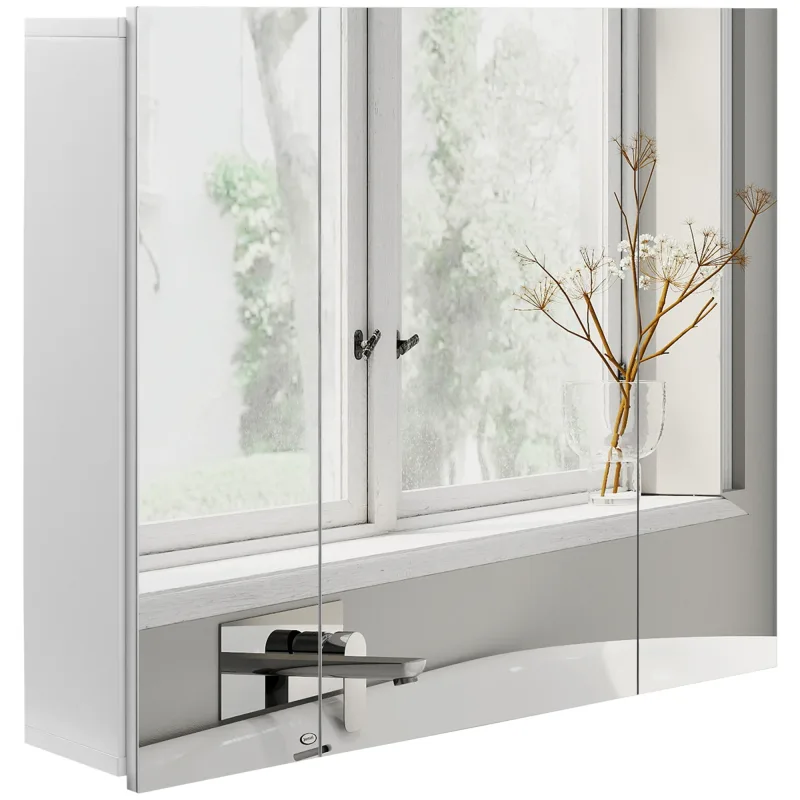 Kleankin Mueble de Baño con Espejo Mueble de Pared para Baño con 3 Puertas y Estantes Internos Ajustables 70x15x60 cm Blanco