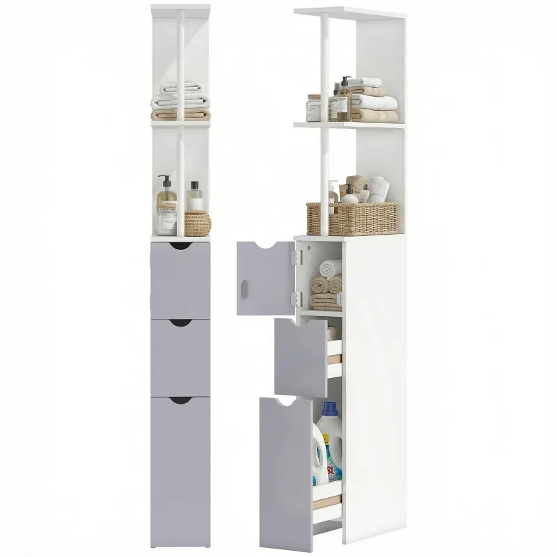 HOMCOM Armario Alto de Baño Multiusos Estrecho con 2 Estantes 1 Puerta y 2 Cajones de Almacenamiento 15x33x136cm Color Blanco