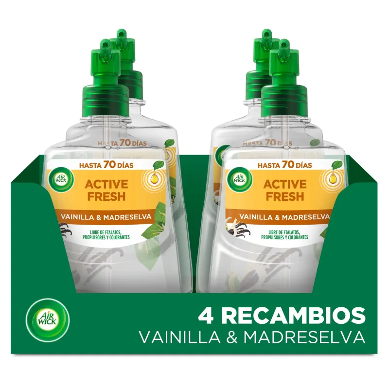 Air Wick Active Fresh Spray Automatico Sin Aerosol - Ambientador para casa con aroma a Vainilla - 4 recambios