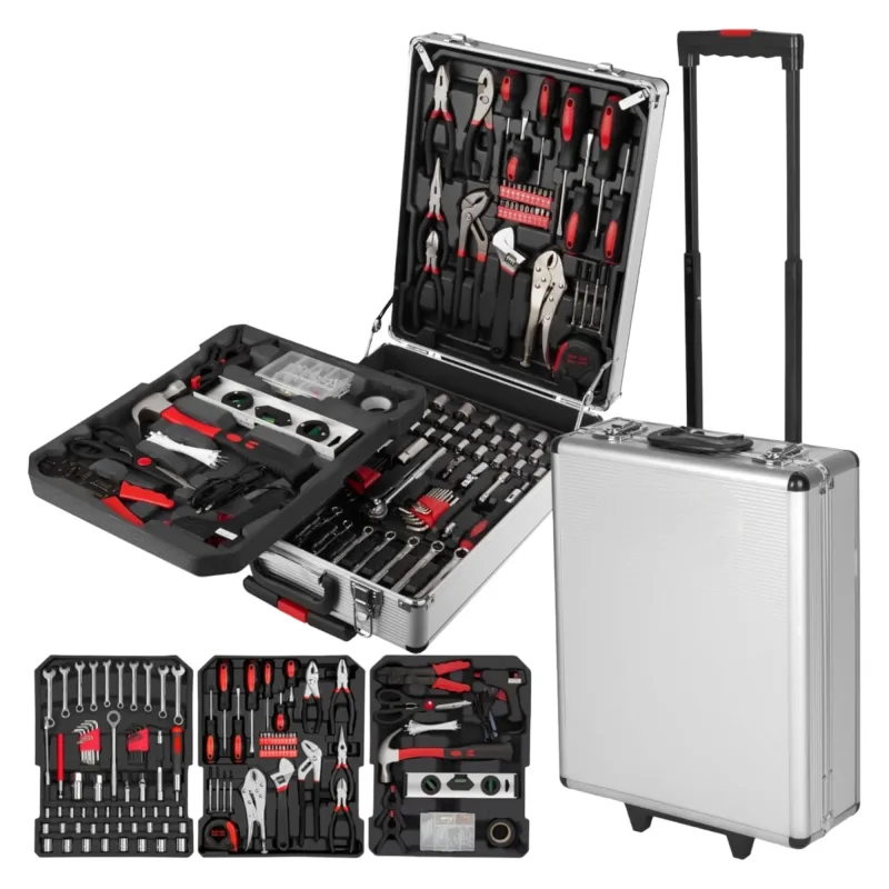 Maletín de Herramientas Profesional 1299 Piezas - Carro con Asa Telescópica y Ruedas, Caja Completa Multinivel para Taller Mecánico y Bricolaje, Organización Superior - Negro (H001 2590 7990 MEGA)
