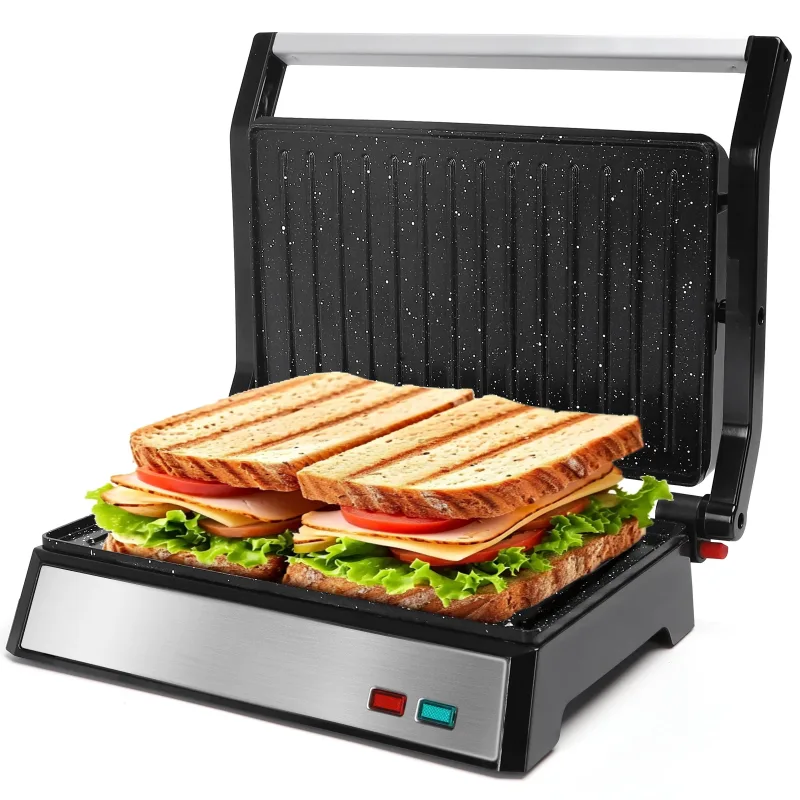 AIGOSTAR Sandwicheras y Panini, Parrilla Eléctrica, Grill ( Apertura de 180º,Placas Antiadherentes,1500W)