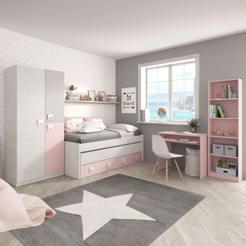 Pack Habitación Juvenil Completa con Cama nido con Somieres (90×190/90×180) + Armario 3 puertas +Escritorio + Estantería, Color Rosa, Blanco y Gris