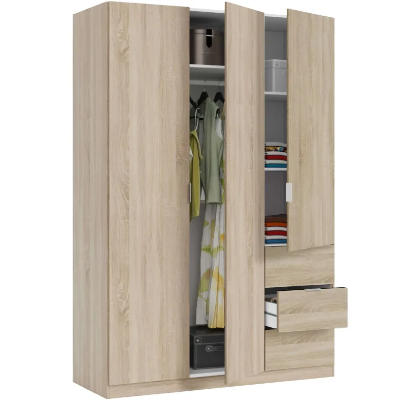 Armario Ropero Grande Dormitorio 3 Puertas y 3 Cajones en Color Roble Canadian 200x135x52 cm