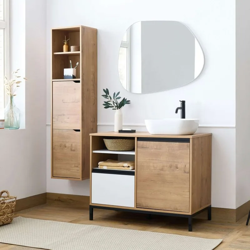 Pack Muebles para baño Támesis Estilo Industrial Roble Gold y Blanco (Mueble baño + Columna + Lavabo cerámico)