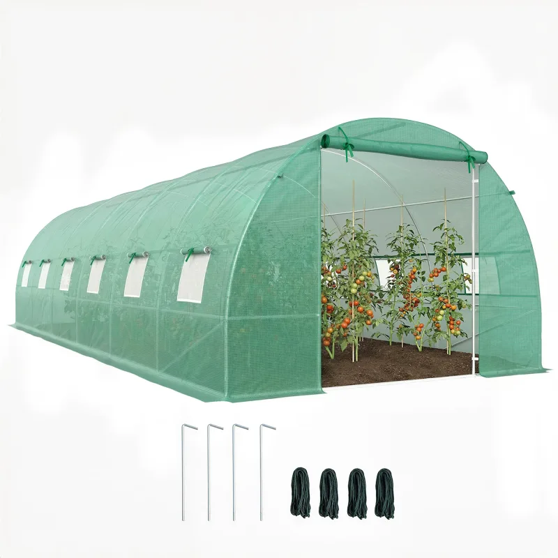 Outsunny-Invernadero de Túnel de 8x3x2 m, con 12 Ventanas, Cubierta de PE, Cultivo Verde