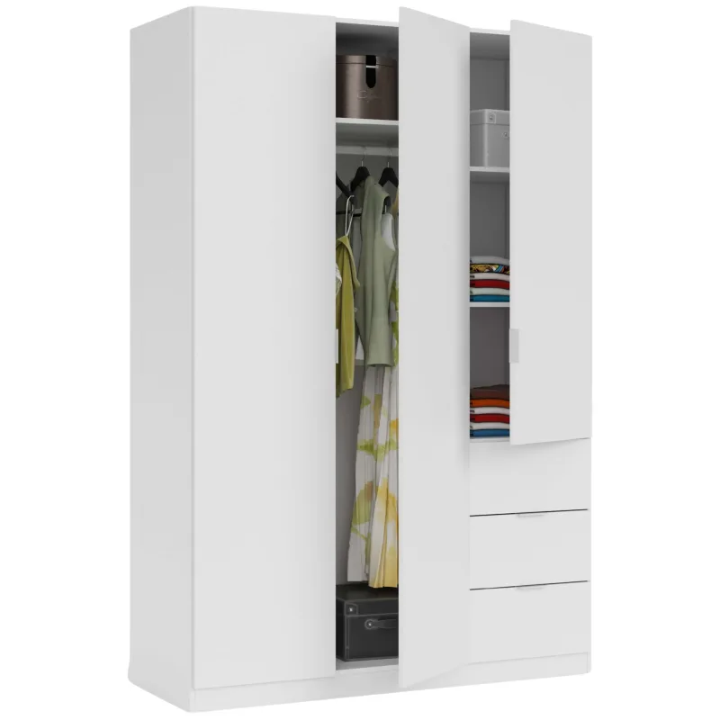 Armario Ropero Habitación Dormitorio Grande con 3 Puertas y 3 Cajones Color Blanco Mate 200x135x52 cm