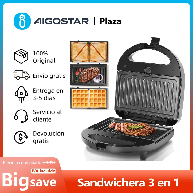Sandwichera 3 en 1: Sandwichera Eléctrica, Grill y Gofrera, 3 Placas Desmontables Antiadherentes e Intercambiables, Termostato, Asa Tacto Frío, Almacenamiento Vertical, 750 W