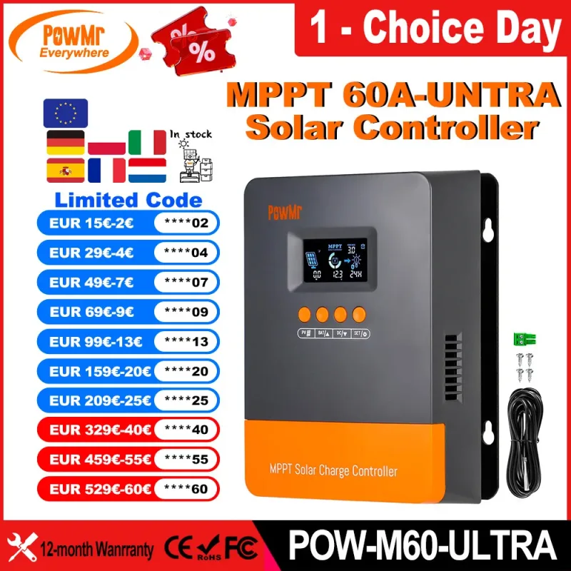 PowMr MPPT 100A 80A 60A 40A 30A 30A 20A controlador de cargador Solar LCD funciona con Panel Solar de batería Lifepo4 de plomo-ácido de 12V 24V 36V 48V