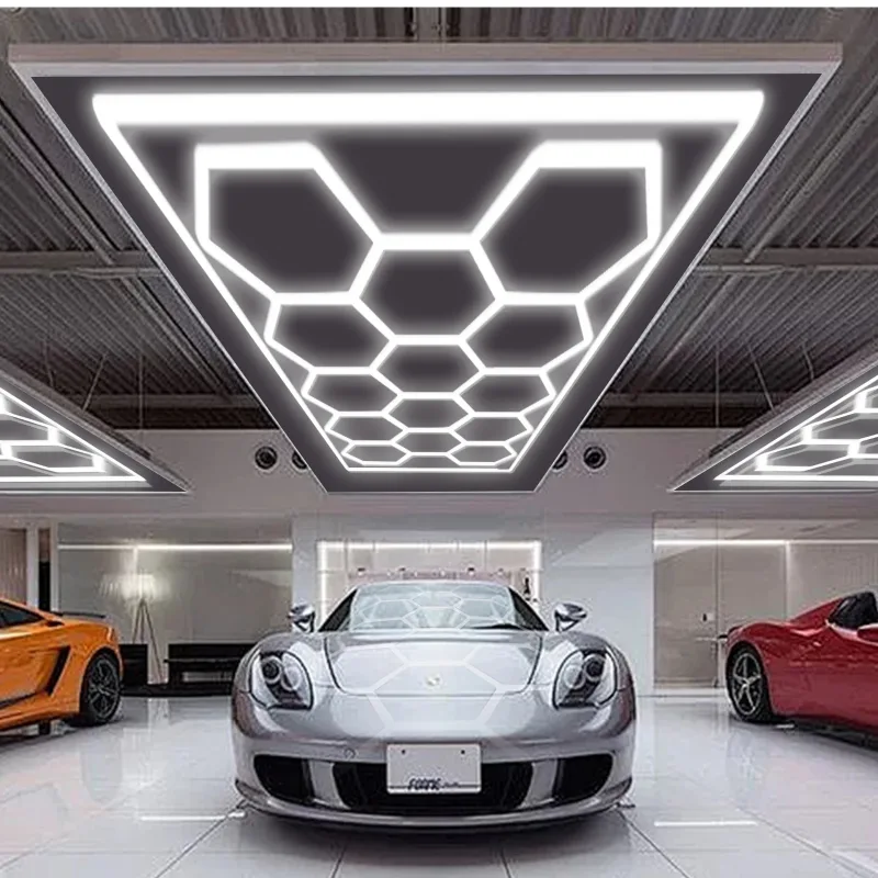 14 Piezas Lámpara Hexagonal LED 6500K - Paneles de Techo para Taller, Lavado de Autos y Garaje, Diseño Honeycomb, Luz Fría Blanca