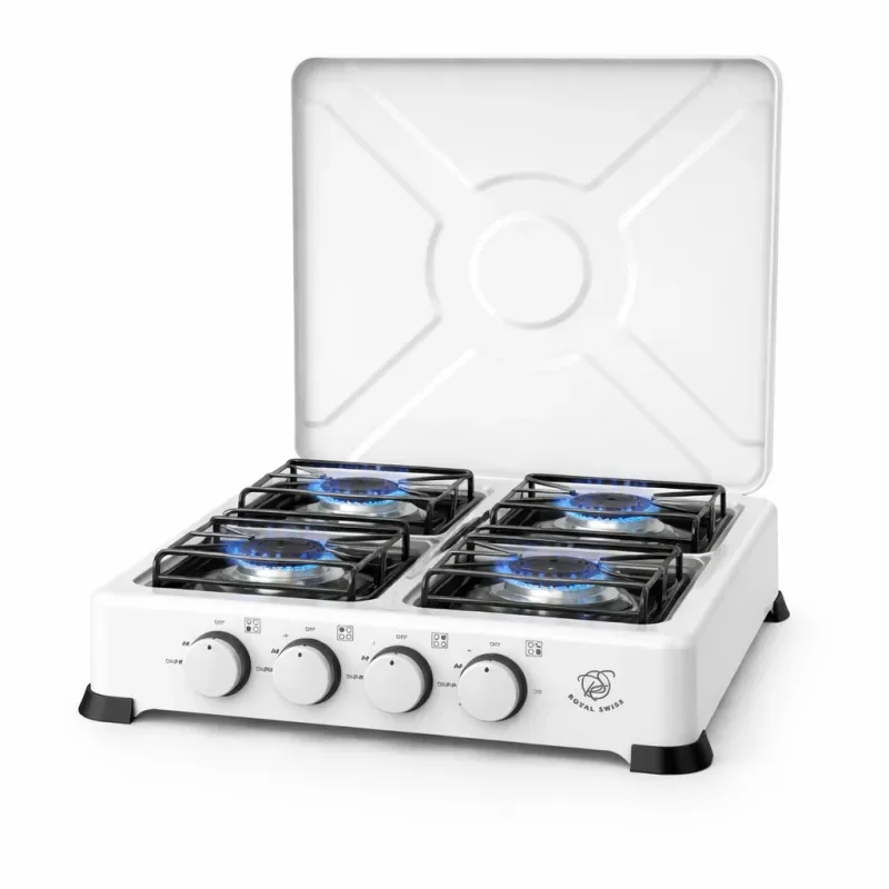 royal swiss - Cocina de gas de 4 quemadores con tapa Parrillas esmaltadas, seguridad de corte de gas