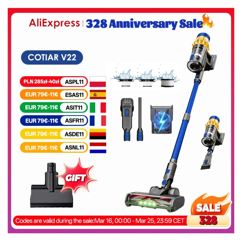 Aspiradora inalámbrica COTIAR V22 650W, aspiradora sin escobillas con potencia de succión de 55kPa, capacidad de 1,2 L, pantalla LED para suelo, alfombra, pelo de mascota
