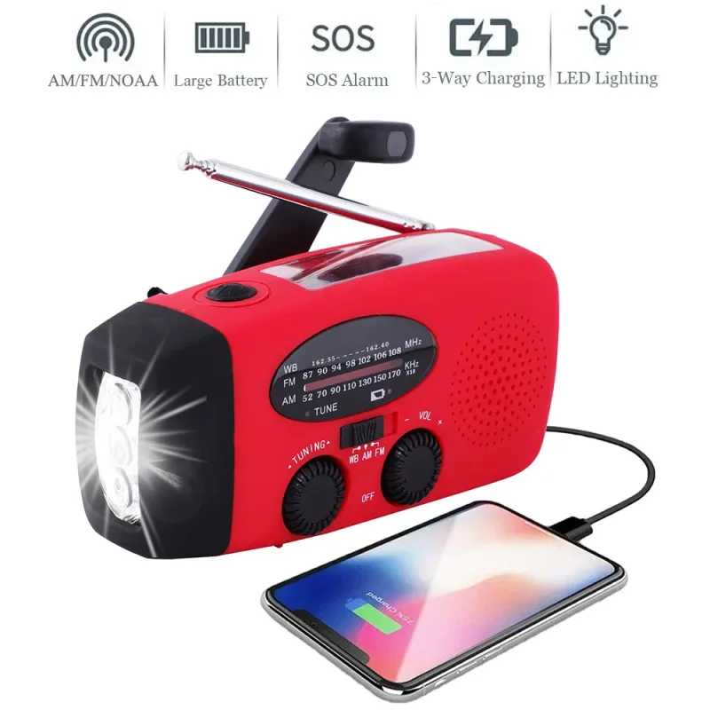 Luz de Camping alimentada por manivela Solar con Radio AM/FM para exteriores, linterna LED con dinamo de mano multifuncional con carga USB de 2000mAh
