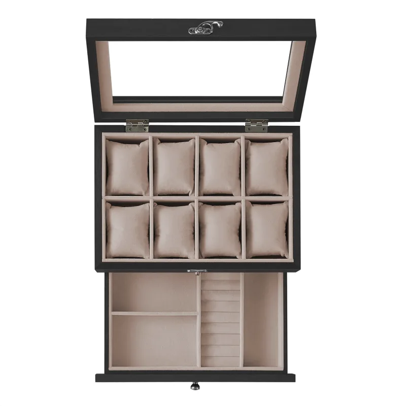 SONGMICS Caja de Relojes con 8 Ranuras, Estuche de Relojes de Madera de 2 Niveles con Tapa de Cristal, Almohadillas, Forro de Terciopelo, Regalo de Seres Queridos, Negro Ébano/Nogal Rústico/Negro