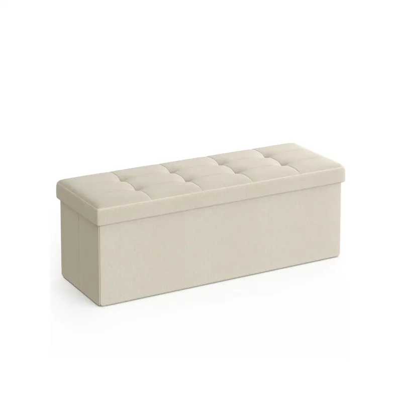 SONGMICS Puff Almacenaje, Baúl de Almacenaje Plegable, 38 x 110 x 38 cm, Taburete Reposapiés, Banco de Cubo, Soporta hasta 300 kg, para Sala de Estar,, Entrada, Blanco Crema/Gris Claro/Marrón