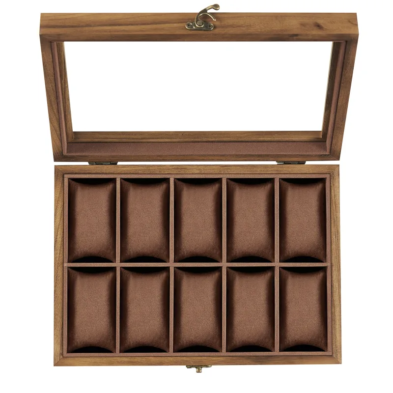 SONGMICS Caja para Relojes con 10 Compartimentos, Caja para Relojes de Madera Maciza, con Tapa de Cristal, Cojín para Relojes, Regalo para Queridos, Nogal Rústico, Regalo de Navidad