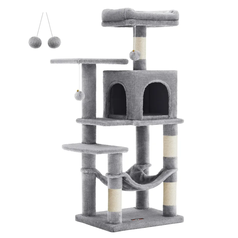 Feandrea Árbol para Gatos, Altura 112 cm/143cm, Torre de Gatos, con 4 Postes Rascadores, 2 Plataformas, 1 Cueva, 1 Hamaca, 2 Pompones, Tela de Felpa, Multinivel, Rosa Caramelo/Blanco Crema/Gris