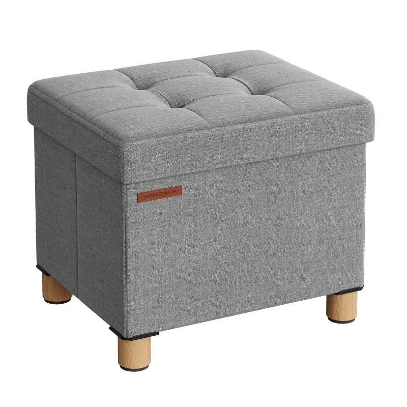 SONGMICS Puff Almacenaje, Baúl de Almacenaje Plegable, 32 x 40 cm, Taburete Reposapiés, Banco con Almacenamiento, Soporta hasta 300 kg, para Sala de Estar, Dormitotio, Gris Paloma/Blanco Crema