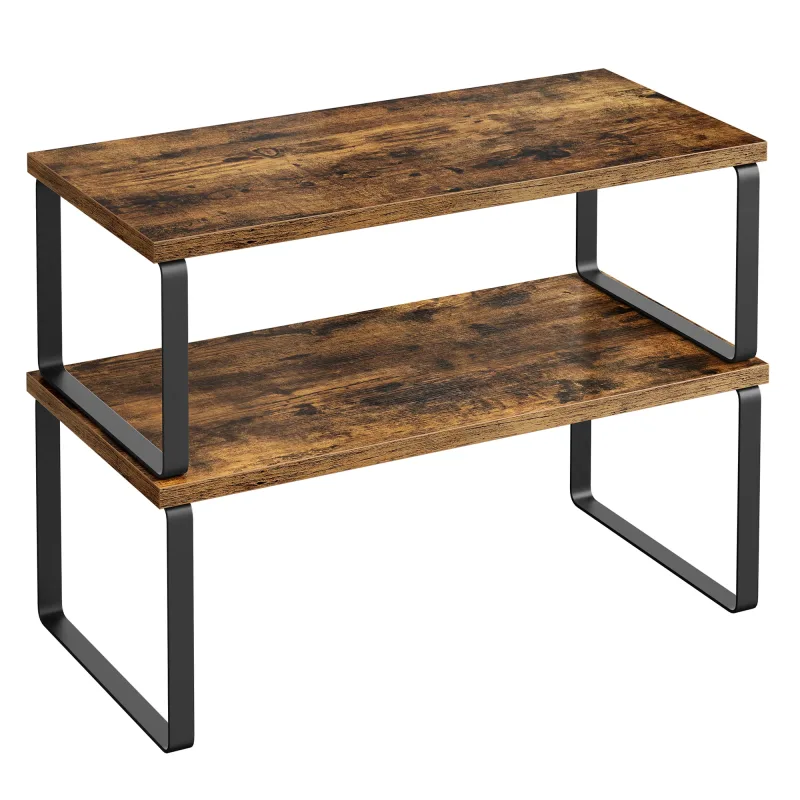 SONGMICS Estante para Especias, Juego de 2, Organizador de Armario, Estante de Almacenamiento de Cocina Extensible, Especiero de Metal y Madera de Ingeniería, Blanco Nube y Beige Natural/Negro Tinta y