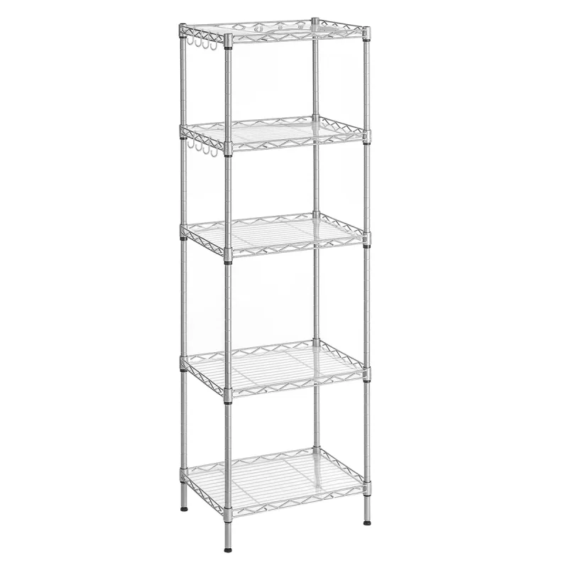 SONGMICS - Estantería de Cocina, Estante de Almacenamiento, 5 Niveles, Fino, 8 Ganchos, Mueble de baño, Tabla de plástico, Regulable en Altura, Metal, para Cocina, Plata