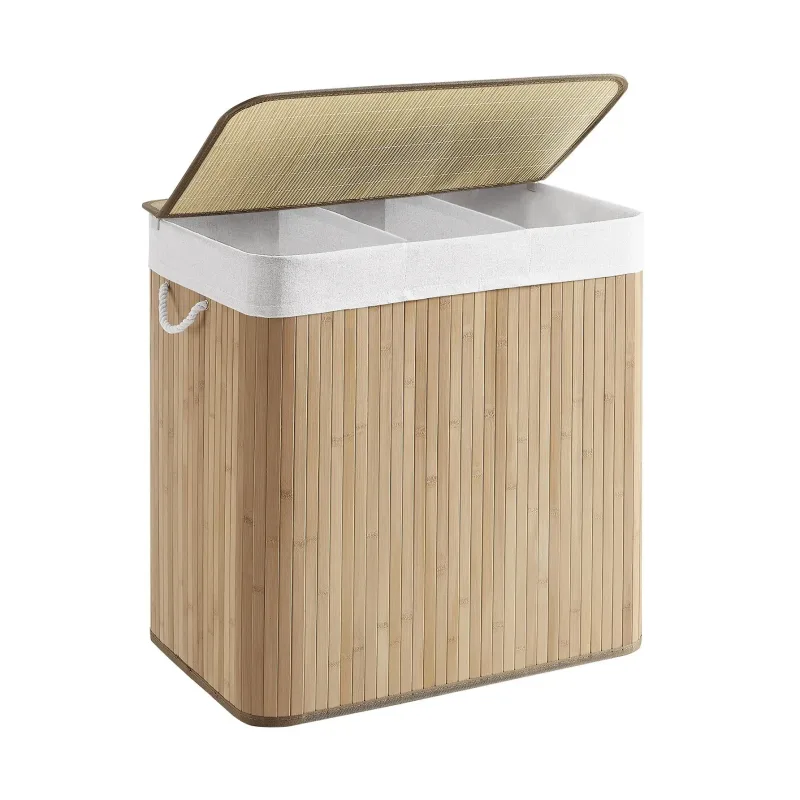 SONGMICS - Cesta de lavandería sucia con 3 compartimentos, cesta de 150L, bandeja de clasificación, con asas, tapa con arañazos, plegable, lino, hogar, lavandería, color madera/blanco/gris