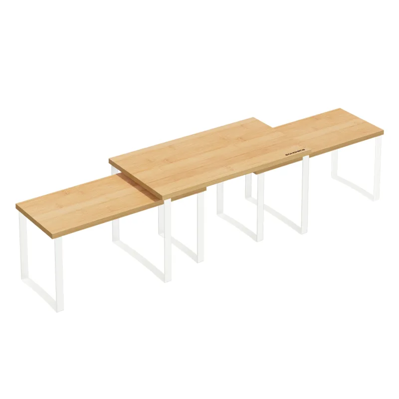 SONGMICS Estante para Especias, Juego de 3, Organizador de Armario, Apilables, Especieros Extensibles, Metal y Bambú, Blanco Crema y Beige Natural/Negro Tinta y Beige Natural