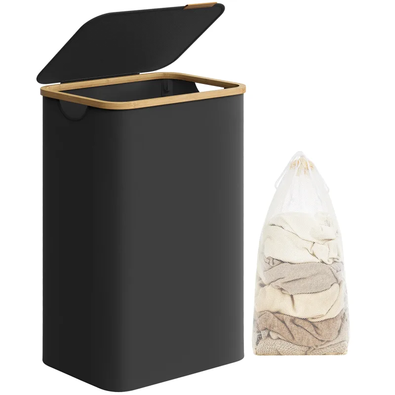 SONGMICS Cesto de Ropa Sucia con Tapa, Gran Cesta Ropa Sucia, 90 L, Forro de Malla Extraíble, Tejido Oxford, Asas Bambú, Plegable, 42 x 32 x 70,5 cm, Negro Tinta/Gris Paloma/Azul Carbón/Verde
