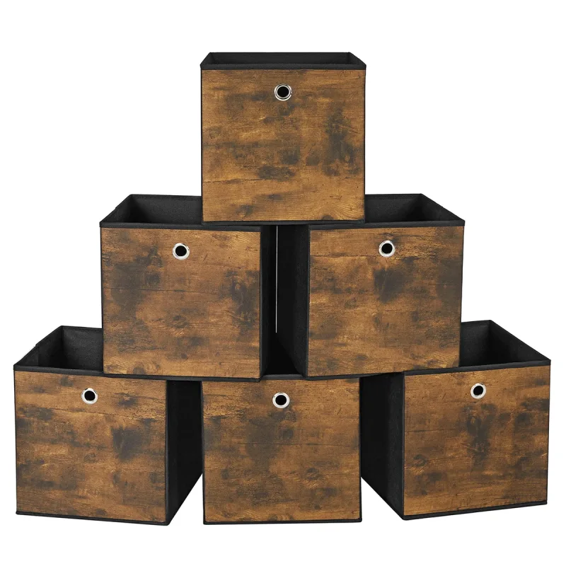 SONGMICS Caja Almacenaje, Juego de 6 Cajas de Almacenamiento con Asa, Caja Organizadora de Tela Oxford y Tela no Tejida, 30 x 30 x 30 cm, Ajustable, Plegable, Marrón Rústico y Negro/Marrón