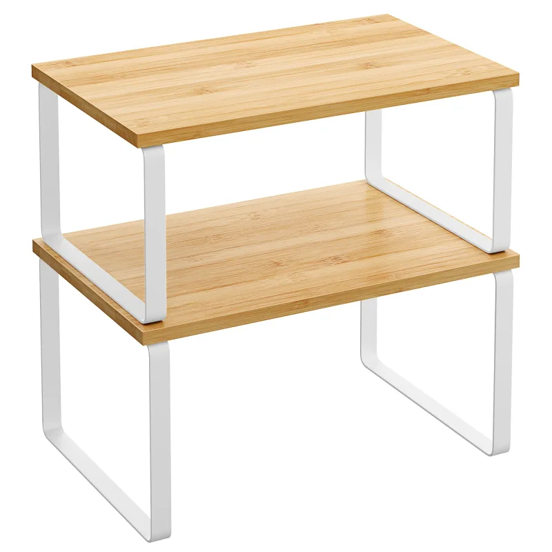 SONGMICS Estante para Especias, Juego de 2, Organizador de Armario, Estante de Almacenamiento de Cocina Extensible, Especiero de Metal y Madera de Ingeniería, Blanco Nube y Beige Natural/Negro Tinta y