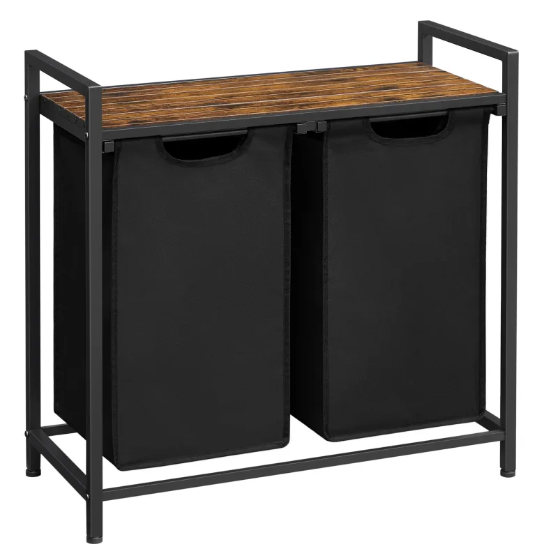 VASAGLE Cesta para la ropa sucia, 2 compartimentos, con 2 bolsas de tela Oxford extraíbles, marco de metal, Marrón Rústico y Negro/Blanco y Gris Claro/Marrón Rústico y Gris/Negro Tinta Gris Paloma y