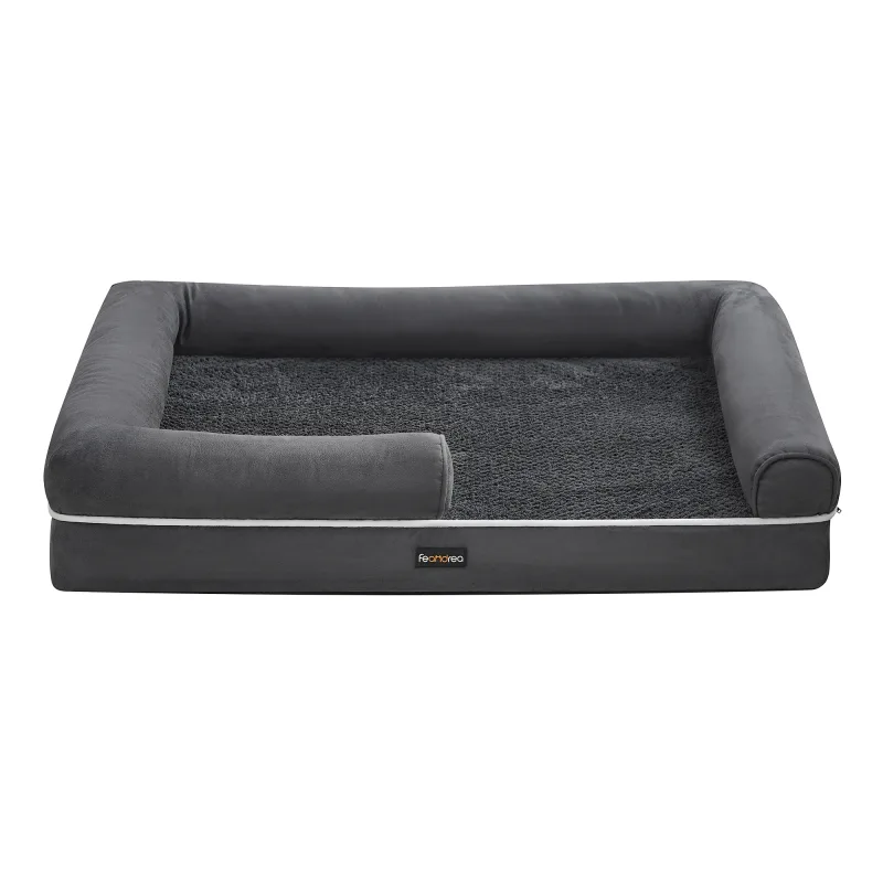 Feandrea Cama Ortopédica para Perros, Sofá, Cama para Mascotas, Acolchado Suave, Bordes Elevados, Funda Extraíble y Lavable, 106 x 80 x 20 cm, Antideslizante, Gris Osucro, Regalo de Navidad