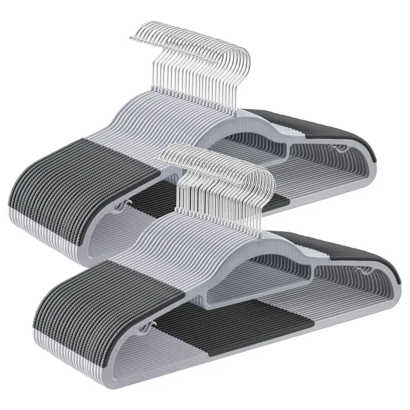 SONGMICS Juego de 50 Perchas, Perchas de Plástico, Antideslizantes, Ahorra Espacio, 0,5 cm de Grosor, 42 cm de Largo, Gancho Plata Giratorio de 360°, Gris Claro y Gris Oscuro/Blanco/Negro