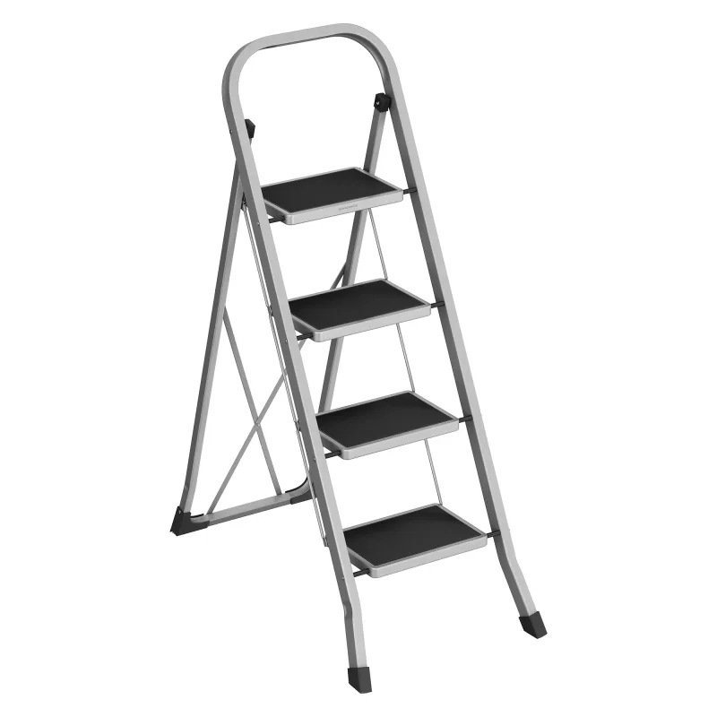 SONGMICS Escalera de Tijera, Escalera con 4 Peldaños, Peldaño Plegable, Bloqueo de Seguridad, Fácil de Guardar, Carga hasta 150 kg, Gris Paloma/Blanco/Negro