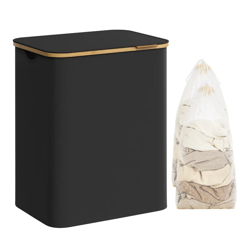SONGMICS Cesto de Ropa Sucia con Tapa, Gran Cesta Colada de 2 Secciones, 130 L/65 L, Forro de Malla Extraíble, Tejido Oxford, Asas Bambú, Plegable, 52 x 38,5 x 70,5 cm/42 x 22,5 x 70,5 cm, Negro