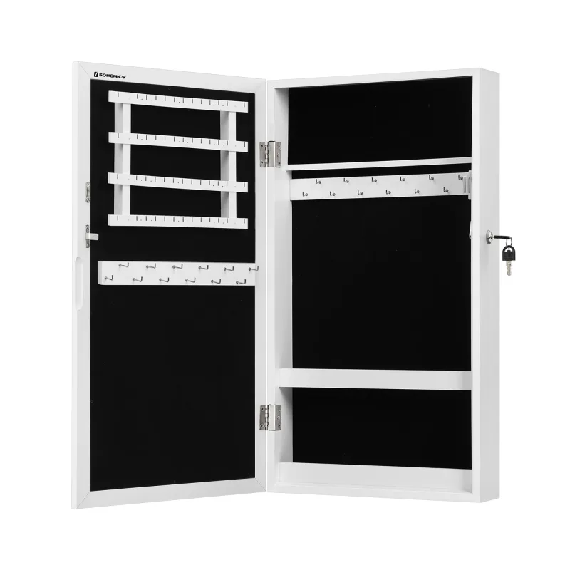 SONGMICS Armario Joyero de Pared, Armario de Joyas con Espejo, Organizador de Joyas para Ahorrar Espacio, Superficie Blanca y Forro Greige/Negro/Superficie Marrón Rústico y Forro Negro, Regalo de