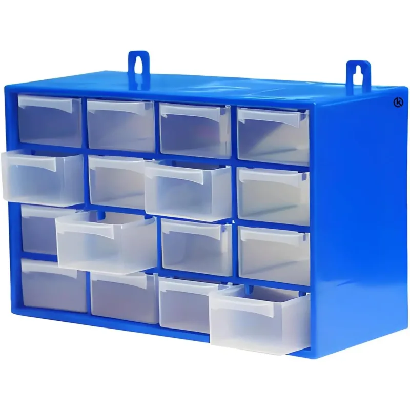 C.A - Clasificador Modular de Pared Apilable, 27 x 17 x 12,5 cm, 16 Cajones, Almacenamiento de Pequeñas Herramientas, Tornillos, Marco de Polipropileno, Cajones Transparentes