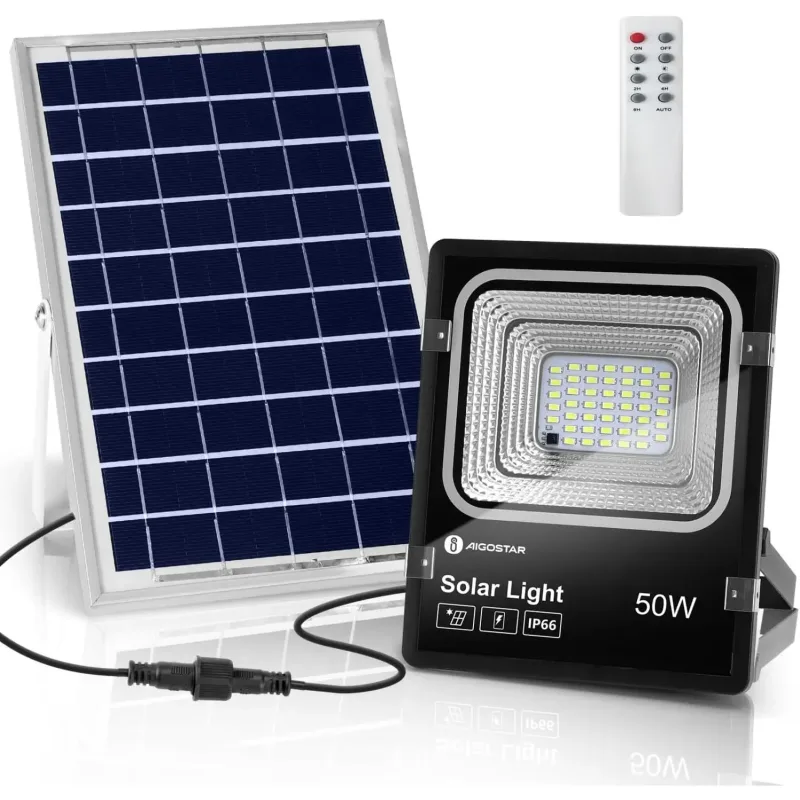 Aigostar Foco Proyector LED Solar con Mando a Distancia 50W, 100w, 200w 6500K Luz Blanca Resistente Al Agua