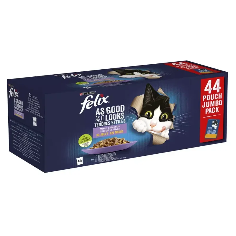 FELIX Fantastic - Selección de Sabores en Gelatina (44 x 85 gr) (Pollo, Buey, Atún y Salmón) Sabor mixto