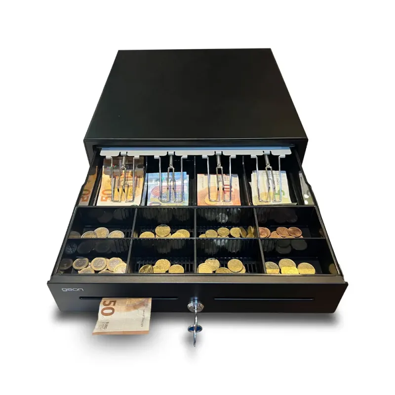 Cajón Portamonedas Caja Registradora - Apertura Automática RJ11 o Manual con Llaves - Organizador de Dinero 4 Compartimentos para Billetes 8 para Monedas - 41x41cm - Estructura Metálica - Color Negro