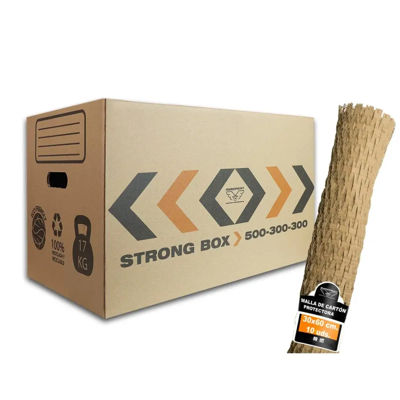 MARCPRINT Pack 10 Cajas Mudanza + Malla - Cajas Carton Mudanza (50x30x30cm) Reforzadas y Resistentes - Cajas de Carton Certificación FSC - Cajas de Carton Mudanza 100% Reutilizables